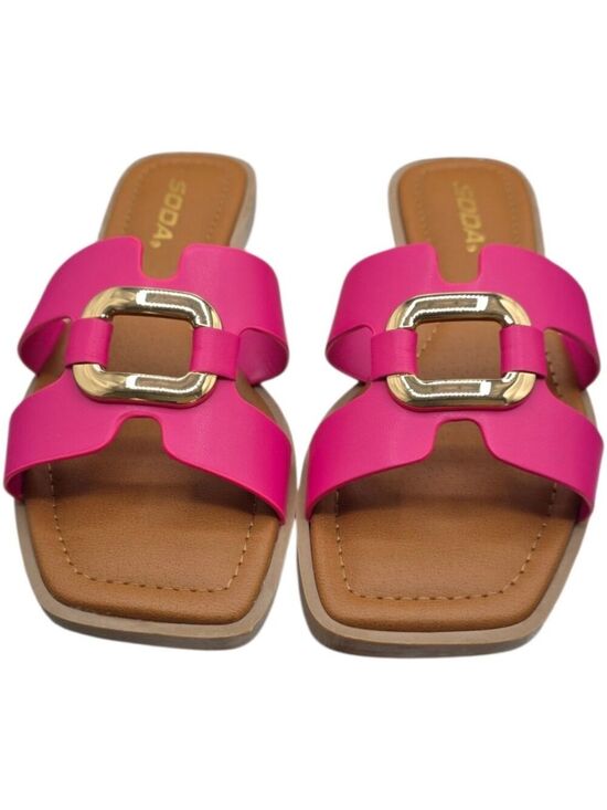 Soda Shoes - Soda FENG-S Fuchsia Gold Buckle Square Toe Slide Sandals Size 7 NIB